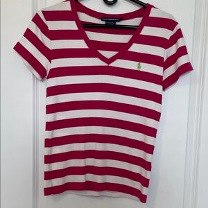 Ralph Lauren Fuchsia and White Striped V-Neck Tee